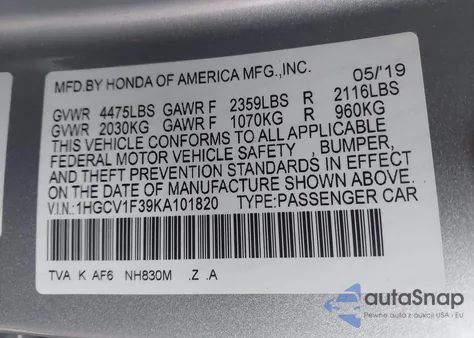 2019 Honda Accord Sport из США, поврежденный, VIN 1HGCV1F39KA101820